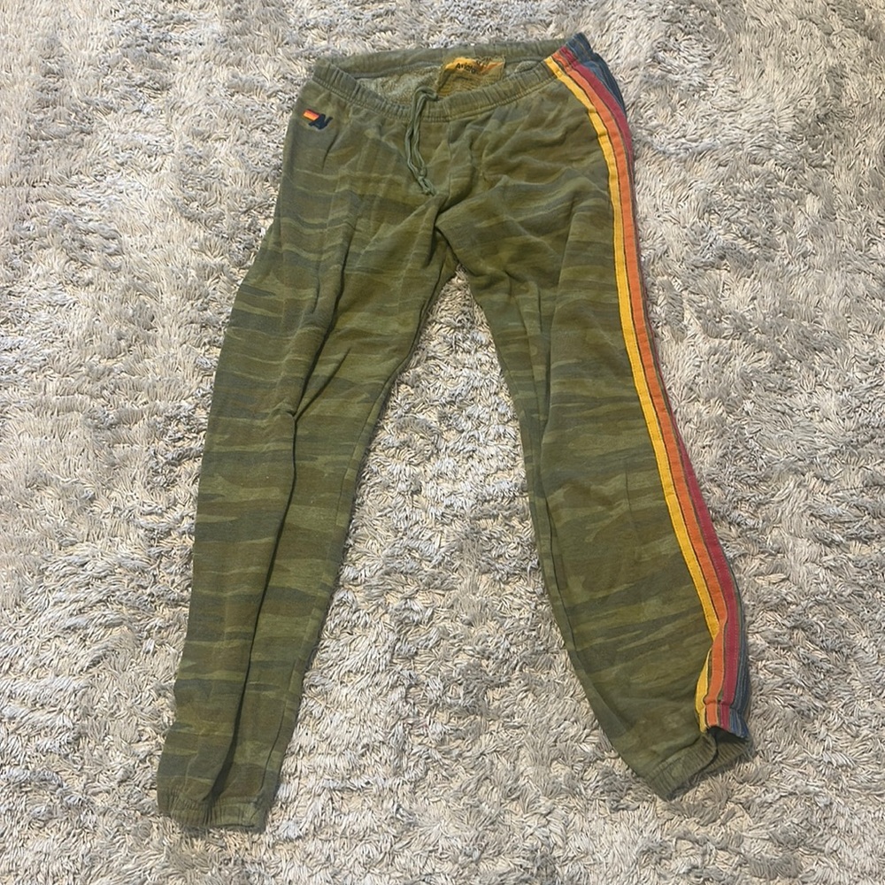 Aviator Nation camo sweatpants with rainbow stripe